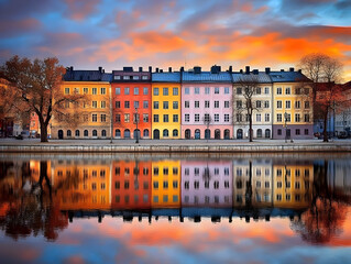 Wall Mural - Colorful Buildings Reflect in Calm Water under a Vibrant Sunset Sky at Dusk