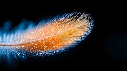Poster - Delicate orange and blue feather macro photography showing intricate details and texture against dark background, soft focus artistic nature study.