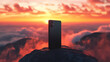 © Thiago - A sleek black smartphone stands upright on a misty mountain ridge at dusk, its dark shape contrasting with the vibrant orange and pink sunset sky. Sunset Ridge. Illustration