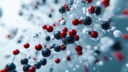 Poster - Abstract Molecular Structure: Red, Black, and White Spheres Connected by Bonds, Representing Scientific Discovery and Technological Advancements in Chemistry and Physics.