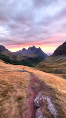 Wall Mural - Golden Grass Trail Leads to Majestic Mountains under a Dramatic Sunset Sky