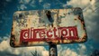 © aicandy - Weathered metal signpost with the word 'direction' amid a scenic, cloudy backdrop symbolizing guidance, choices, and journeys in a picturesque landscape setting