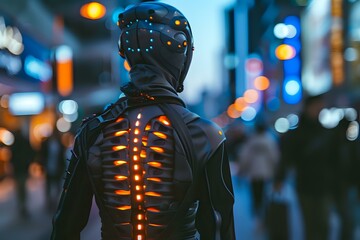 Poster - Futuristic cyborg figure with glowing orange spine elements against blurred urban night cityscape with bokeh lights, creating cyberpunk atmosphere.