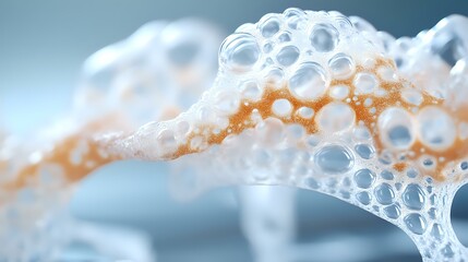 Poster - Macro photography of soap bubbles creating abstract pattern with orange and blue tones, showing delicate foam structure and light refraction effects.