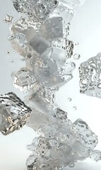 Poster - Clear ice cubes falling in water with air bubbles and splashes creating dynamic motion against light background, suitable for beverage advertising.