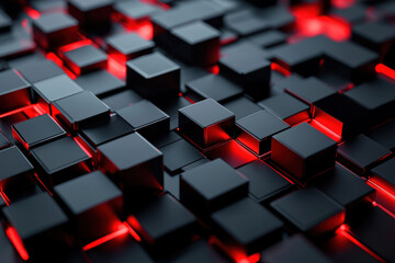 Wall Mural - A Black cubes with glowing red accents create abstract representation of interconnected data blocks, symbolizing digital economy