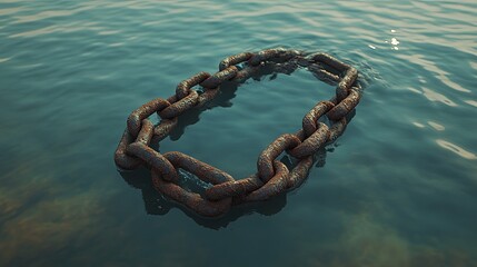 Poster - Rusty chain partially submerged in clear water creates rippled reflections at the water's surface in a tranquil setting. Generative AI