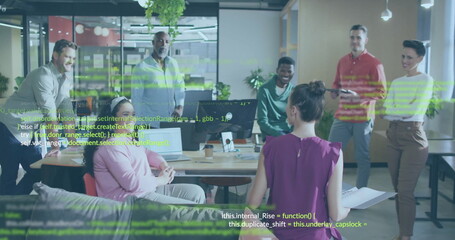 Poster - Image of data processing over diverse colleagues discussing work in office