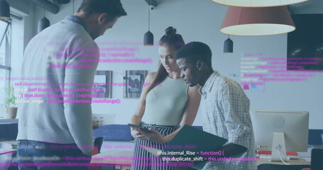 Poster - Image of data processing over diverse colleagues discussing work in office