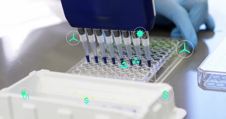 Poster - Image of eco icons and data processing over scientist in laboratory