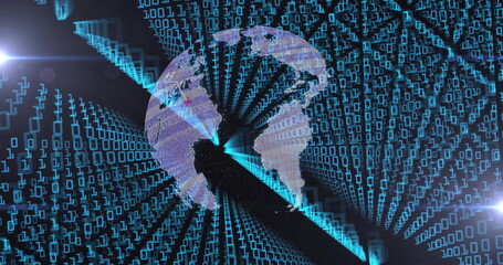 Poster - image of spinning globe and travel icons over binary coding