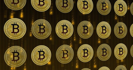 Poster - Image of floating bitcoins over binary coding