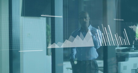 Poster - Image of financial data processing over african emerican businessman in office