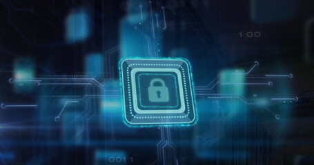 Poster - Image of padlock icon and digital data processing over computer circuit board