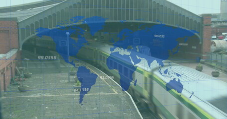Poster - Image of world map and data processing over train station
