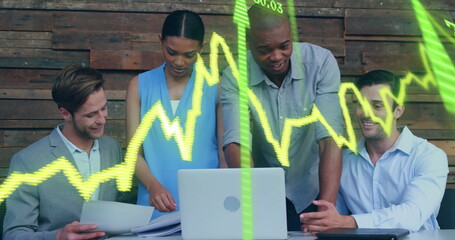 Poster - Image of financial data processing over diverse colleagues discussing work in office