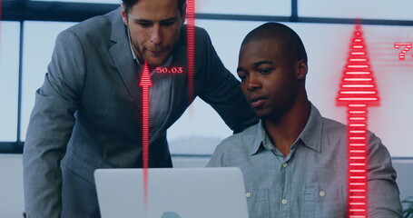 Poster - Image of financial data processing over diverse colleagues discussing work in office
