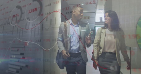 Poster - Image of financial data processing over diverse colleagues discussing work in office