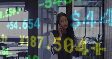 Poster - Image of financial data processing over biracial businesswoman using smartphone in office