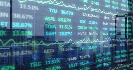Poster - Image of diagrams and data processing over cityscape
