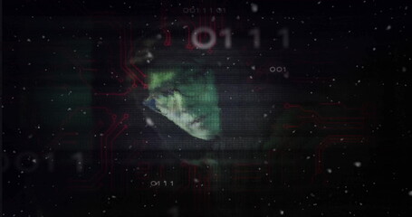 Aufkleber - image of data processing over asian male hacker on black background