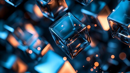 Poster - Floating glass cubes rotate and collide, creating mesmerizing light refractions in a vibrant display. Generative AI