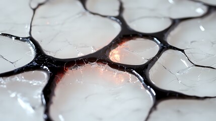 Poster - Cracked white surface with glowing red light showing through fissures, creating dramatic contrast between light and dark areas in abstract macro photography.