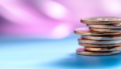 Poster - Stack of silver and copper coins on blue surface with soft pink bokeh background, representing financial growth and savings concept.