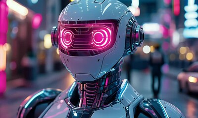 Fototapete - Futuristic robot city street night AI