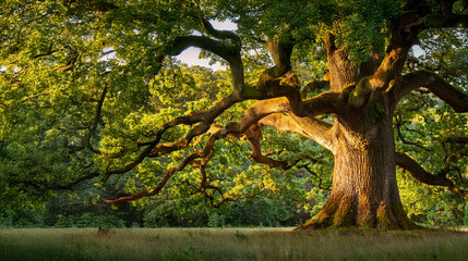 Wall Mural - Mature oak tree with thick branches on the right, lit with warm golden hour sunlight casting long shadows behind the tree, in a lush forest environment with dappled light filtering through leaves