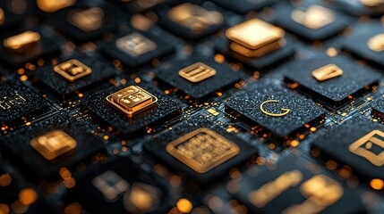 Poster - Golden Integrated Circuit Components Closeup View