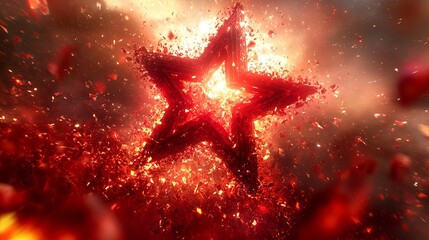 Poster - Spinning polygonal star breaking into pieces and reassembling into new shapes in fiery display of color and motion. Generative AI