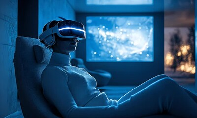 Aufkleber - Woman uses VR headset, relaxing in futuristic home