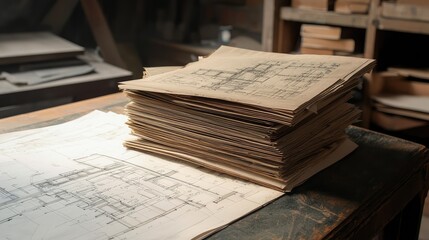 Poster - Detailed Architectural Plans Stacked on a Wooden Table in Workshop