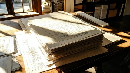 Poster - Stacks of Architectural Blueprints in Sunlit Workspace