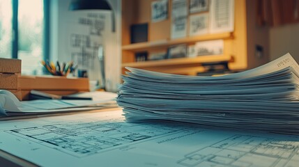 Poster - Detailed Plans and Blueprints on Desk with Soft Lighting and Shadows
