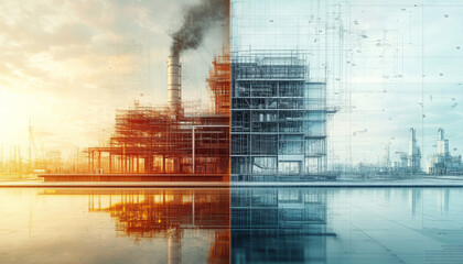 Poster - striking architectural visualization contrasting factory in sunset with blueprint design