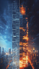 Poster - stunning architectural visualization contrasting building blueprint with its illuminated