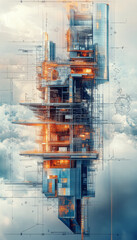 Poster - Architectural visualization of futuristic structure with intricate details and glowing elements