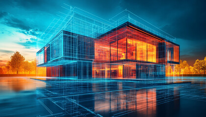 Poster - Architectural visualization of modern building with glowing elements