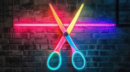 Poster - Neon sign of scissors with altered design, neon, sign, scissors, alteration, cutting tool, vibrant, colorful