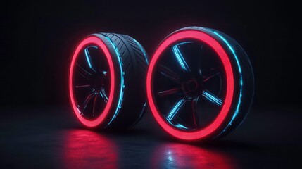 Wall Mural - neon-lit 3d render of two black alloy wheels with red and cyan glowing tire edges on dark surface