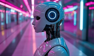 Fototapete - Female Robot Cityscape Neon Lights AI Future