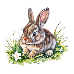 Wall Mural - Baby rabbit bunny with springtime flowers isolated on a white background, Easter symbol animal spring design details