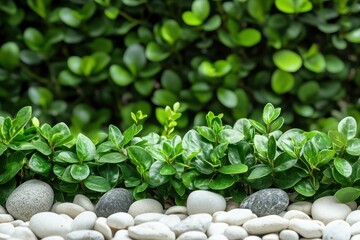 Sticker - Lush green foliage borders white stones. Perfect for nature, serenity, and spa themes.