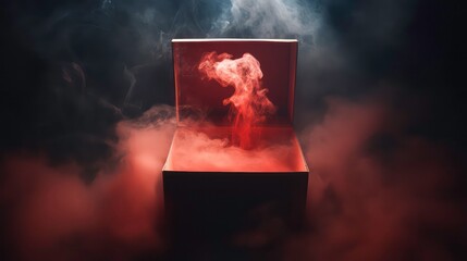 Wall Mural - opened mystery box with red smoke floating up on dark background , mystery, box, red, smoke, floatin