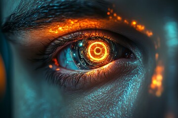 Poster - Glowing robotic eye integrated into human face reflects advanced technology and futuristic design in a close-up view. Generative AI