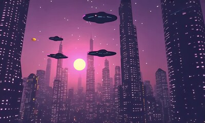 Poster - Futuristic city sunset UFO invasion artwork