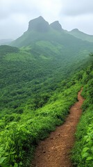 Poster - Majestic Sahyadri Mountains Lush Green Pathway Trekking Trail Panorama in Monsoon Season Nature Landscape Adventure Travel Photography India