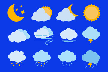 Wall Mural - modern weather icons set. flat vector symbols on blue background.